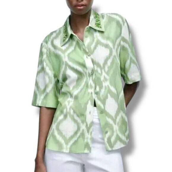 ZARA XS Green Cream Abstract Artsy Print Blouse Beaded Collar Boho Festival Y2K - Picture 1 of 11